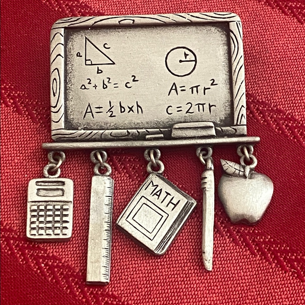Vintage JJ Pewter Math Teacher Articulated Charms Broach